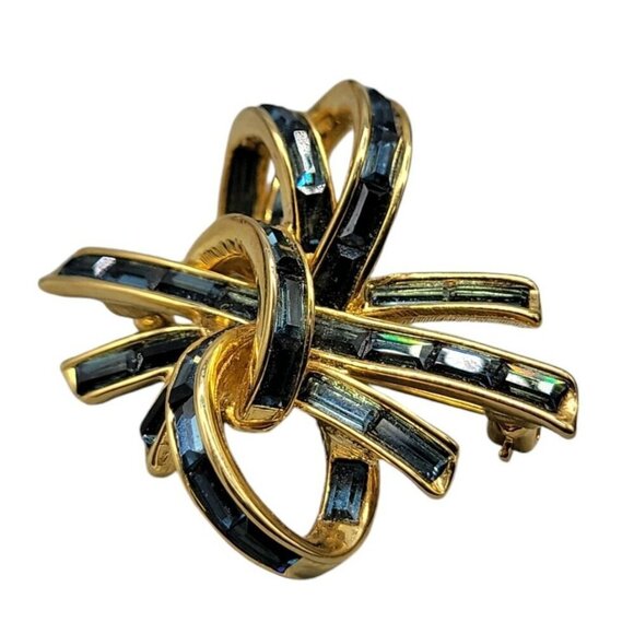 Nolan Miller Bow Brooch Baguette Rhinestones Vintage Retired Knot Gold Plated - Picture 7 of 10
